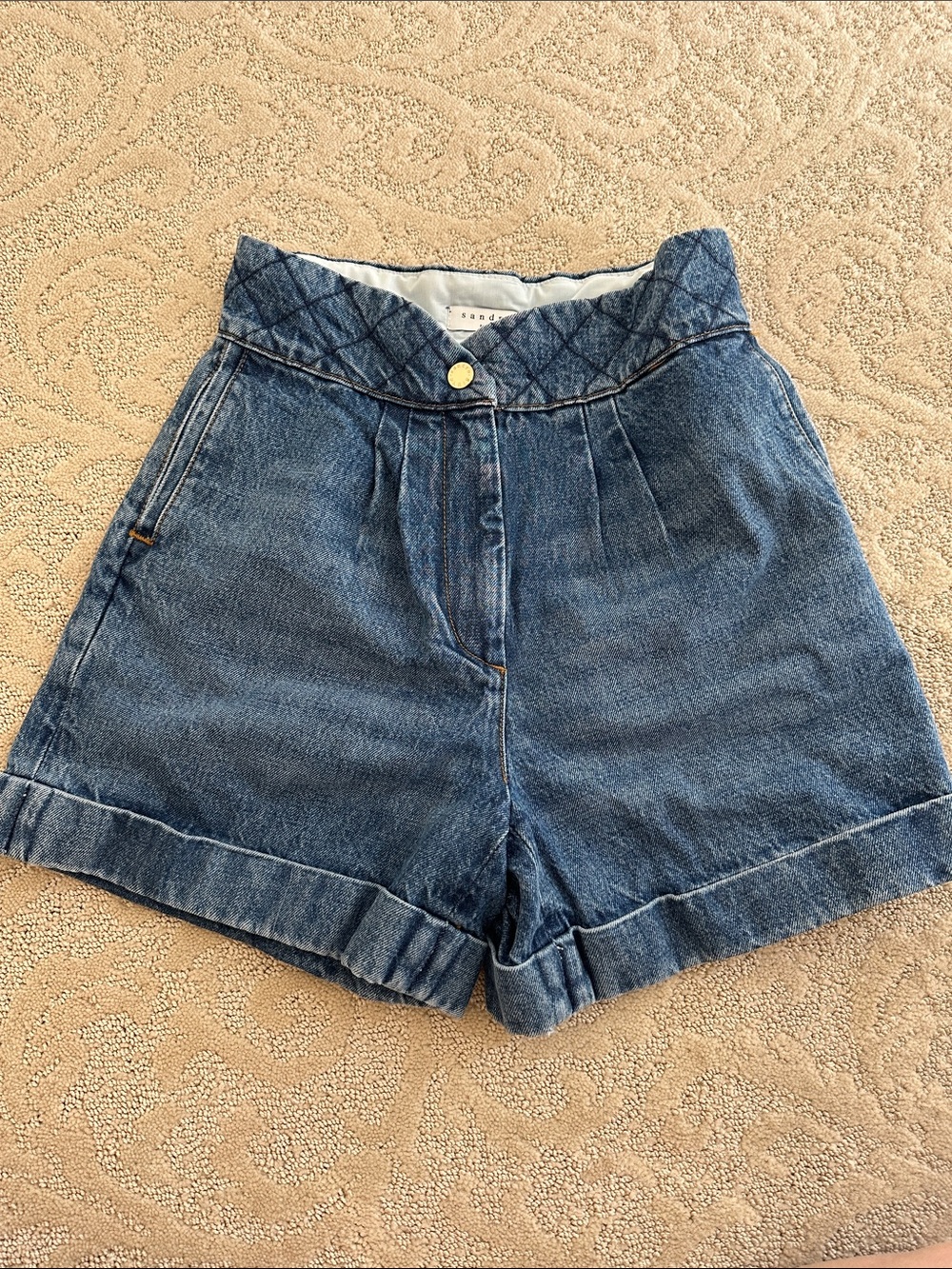 Sandro Paris Blue Quilted-Waist High-Rise Denim Shorts Size EU36